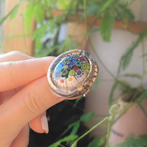 Inel Oval Sticla de Murano Vintage Reciclata - Bijuterie Handmade Fantezie Colorata cu Flori - Lut Polimeric - bijuterii - inele - inele statement - Artynos.ro