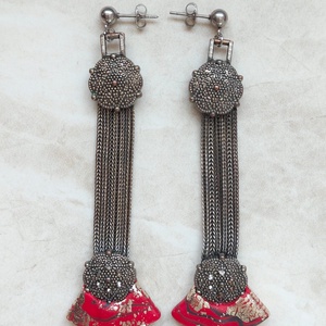 Cercei Statement Lungi - Design Original - Decoratiuni Metalice Vintage Reciclate - Asiatic Fantezie Antic Antique - bijuterii - cercei - cercei lungi - Artynos.ro