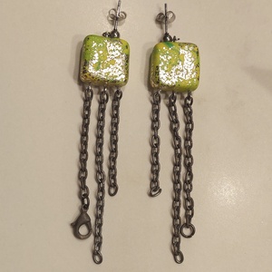 Cercei  Patrati Meduza Statement Lime - Decoratiuni Metalice Vintage Reciclate - Modern Lanturi Lungi - bijuterii - cercei - cercei lungi - Artynos.ro