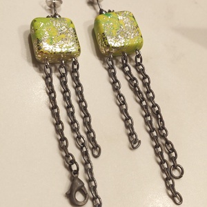 Cercei  Patrati Meduza Statement Lime - Decoratiuni Metalice Vintage Reciclate - Modern Lanturi Lungi - Artynos.ro