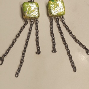 Cercei  Patrati Meduza Statement Lime - Decoratiuni Metalice Vintage Reciclate - Modern Lanturi Lungi - bijuterii - cercei - cercei lungi - Artynos.ro