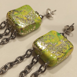 Cercei  Patrati Meduza Statement Lime - Decoratiuni Metalice Vintage Reciclate - Modern Lanturi Lungi - bijuterii - cercei - cercei lungi - Artynos.ro