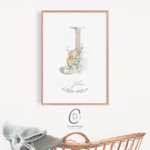 litera J, poster monogramă, imagine ziua numelui, decor, arta de perete verdeață, animal pădure -  - Artynos.ro
