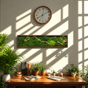 Tablou din muschi plat, bombat si elemente decorative 100x20 cm, Casa & Stil de viata, Decoratiuni de casa, Decoratiuni de pereti, Tablou cu licheni, , Tablou decorativ orizontal de 100 x 20 cm, realizat manual din licheni stabilizati, muschi si eleme..., ARTYNOS