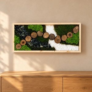Tablou cu licheni stabilizati si 11 rondele din lemn, 70×30 cm, Casa & Stil de viata, Decoratiuni de casa, Decoratiuni de pereti, Tablou cu licheni, , Tablou decorativ de 70×30 cm, realizat manual din licheni stabilizati si elemente naturale, cu 11 r..., ARTYNOS