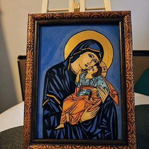 Icoana pictata pe sticla Dulcea imbratisare, Arte vizuale si accesorii , Picturi, Pictura pe sticla, Obiecte pictate, Pictura, ARTYNOS