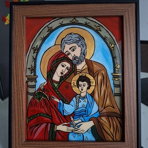 Icoana Sfanta familie pictata manual, pe sticla, Arte vizuale si accesorii , Picturi, Pictura pe sticla, Obiecte pictate, Pictura, ARTYNOS