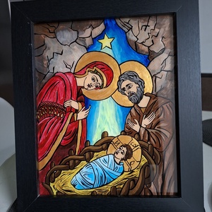 Icoana Nasterea lui Isus pictata, manual pe sticla, Arte vizuale si accesorii , Picturi, Pictura pe sticla, Arta de sticla, Obiecte pictate, ARTYNOS