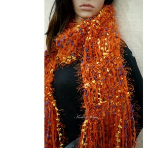BOHO - esarfa extra groasa tricotata manual cu franjuri lungi / portocaliu, Imbracaminte si moda, Esarfe, palarii, fularuri, Esarfe, Impletitura, ARTYNOS