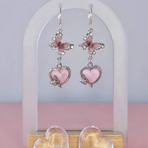 Cercei argint 925 cu fluturi si inimi roz, Bijuterii, Cercei, Cercei din argint, Altele, ARTYNOS