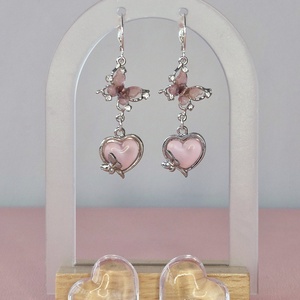 Cercei argint 925 cu fluturi și inimi roz - bijuterii - cercei - cercei din argint - Artynos.ro