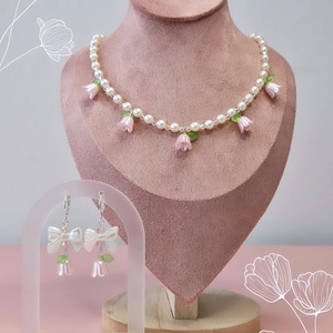 Set colier si cercei cu perle si lalele roz  - Artynos.ro