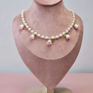 Colier cu perle și lalele roz  - bijuterii - coliere - coliere din mărgele - Artynos.ro