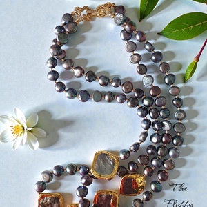 Colier doua siraguri perle naturale negre placate cu aur - bijuterii - coliere - coliere din perle - Artynos.ro