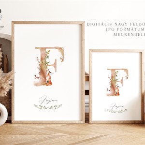 litera F, monogramă, imagine onomastică, decor, acuarelă artă de perete, personalizată, vulpe -  - Artynos.ro
