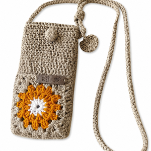 Geantă croșetată manual pentru telefon, cu floare decorativă, buzunar pentru accesorii, curea 120 cm, bumbac și acrilic, - genți și portofele - genți de mână și umăr - geantă crossbody - Artynos.ro