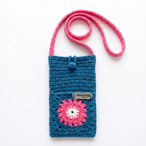 Geanta ,husa crosetata pentru telefon, geanta mini handmade cu bareta lunga, albastru petrol si roz, Genti si portofele, Portofele, huse, suporturi, Husa telefon, Crosetat, ARTYNOS