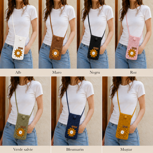 Geantă croșetată manual pentru telefon, cu floare decorativă, buzunar pentru accesorii, curea 120 cm, bumbac și acrilic, - genți și portofele - genți de mână și umăr - geantă crossbody - Artynos.ro