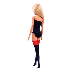 Ciorapi negri cu dantelă roșie � rochie pentru păpuși de tip Barbie (b002fp) - jucării și echipamente pentru copii - jucării și accesorii pentru copii - haine de barbie - Artynos.ro