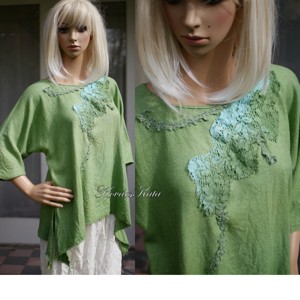 BURETT TUNIKA / verde salcie - arty dantela aplicat manual pictate bluza de design, Imbracaminte si moda, Haine dama, Tunica, Cusatura, Obiecte pictate, ARTYNOS