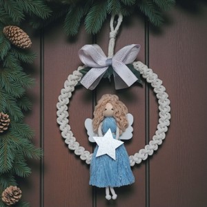 Makramé inger Craciun decorare usa - albastru si argint rochie cu stea si arc - Artynos.ro