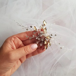 Pieptan mireasa cu cristale transparente si cristale aurii - accesorii nuntă - ornamente de păr de nuntă - accesorii păr nuntă - Artynos.ro