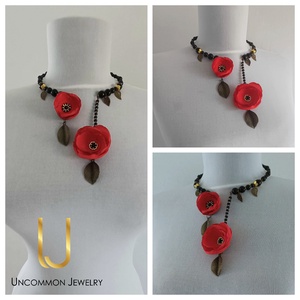 Colier "Roses", Bijuterii, Coliere, Coliere statement, Confectionarea bijuteriilor, Colier floral realizat din flori voal, margele de sticla si elemente decorative bronz., ARTYNOS