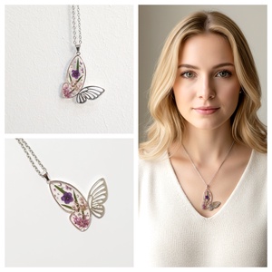 Colier cu pandantiv fluture, decorat cu flori naturale, Bijuterii, Coliere, Coliere cu pandative, Confectionarea bijuteriilor, ARTYNOS