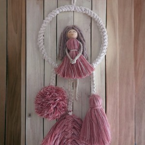 Decorațiuni de perete Macrame cu frunze și pompom - decorațiuni pentru copii pe cerc, shake de căpșuni / ecru -  - Artynos.ro