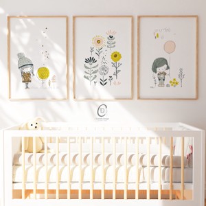 Fată cu baloane artă de perete, poster scandinav, cameră pentru copii set de artă de perete 3 piese -  - Artynos.ro