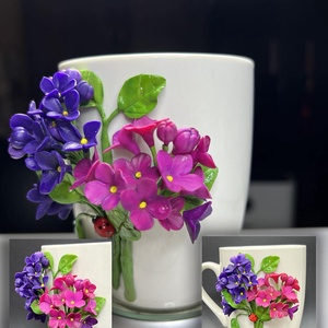 cana ceramica cu decor flori de liliac roz 3d din lut polimeric, Accesorii locuință, Accesorii pentru echipamente de bucătărie, Accesorii de servire, Căni, , ARTYNOS