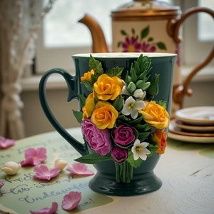 Cană verde decorată cu flori din lut polimeric  Buchetul unei dimineți de primăvară, Casă & Stil de viață, Accesorii pentru echipamente de bucătărie, Accesorii de servire, Căni, Altele, ARTYNOS