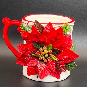 Cana ceramica cu poinsettia din lut polimeric - accesorii de crăciun - decorațiuni de crăciun de casă - aranjarea mesei festive - Artynos.ro