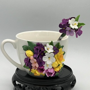 Ceasca ceramica si lingurita- decorate cu lut polimeric - Artynos.ro