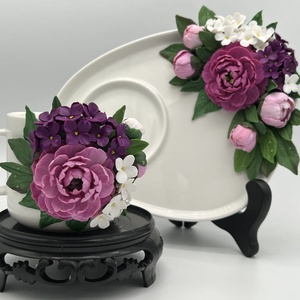 Set cafea portelan decorat cu  flori din lut polimeric - Artynos.ro