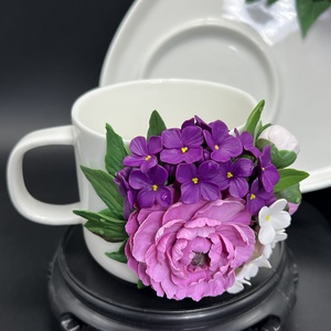 Set cafea portelan decorat cu  flori din lut polimeric - casă & stil de viață - echipamente de bucătărie - accesorii de servire - căni - Artynos.ro