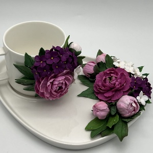 Set cafea portelan decorat cu  flori din lut polimeric - casă & stil de viață - echipamente de bucătărie - accesorii de servire - căni - Artynos.ro