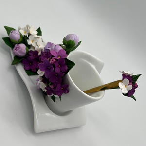 Set espresso decorat cu flori mov din lut polimeric - casă & stil de viață - echipamente de bucătărie - accesorii de servire - căni - Artynos.ro