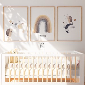 Imagine personalizata pentru camera copiilor, decoratiuni pentru camera bebelusului, arici, luna, curcubeu, arta de perete set de 3, , , ARTYNOS