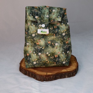 Sandvis-bag, lunchbag mare, ecologic, nowaste, flori pe camp, verde, Geantă și husă, Cutie de prânz, Pungă și cutie de prânz, Cusătură, ARTYNOS