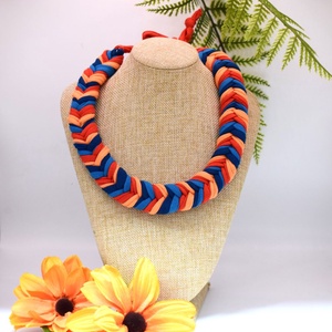 Colier boho din bumbac reciclat, zero waste, impletit, albastru-portocaliu - bijuterii - coliere - coliere cu multiple șiruri - Artynos.ro