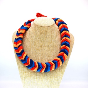 Colier boho din bumbac reciclat, zero waste, impletit, albastru-portocaliu - bijuterii - coliere - coliere cu multiple șiruri - Artynos.ro