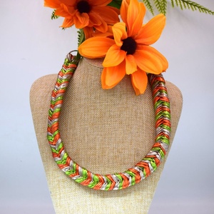 Colier boho din bumbac reciclat, zero waste, impletit, verde-portocaliu, Bijuterii, Coliere, Coliere cu multiple siruri, Impletitura, ARTYNOS
