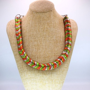 Colier boho din bumbac reciclat, zero waste, impletit, verde-portocaliu - bijuterii - coliere - coliere cu multiple șiruri - Artynos.ro