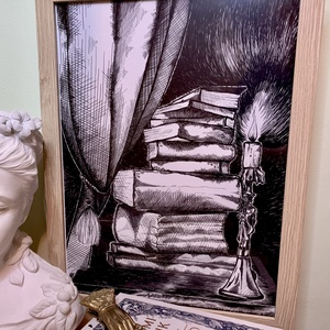 Print de artă Teanc de povești � ilustrație tip tuș reprezentând un teanc de cărți, printată fizic - arte vizuale și accesorii  - grafică, ilustrație - desen cu cerneală - Artynos.ro
