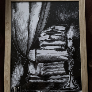 Print de arta Teanc de povesti � ilustratie tip tus reprezentand un teanc de carti, printata fizic, Arte vizuale si accesorii , Grafica, ilustratie, Desen cu cerneala, Fotografie, grafica, desen, ilustratie, ARTYNOS