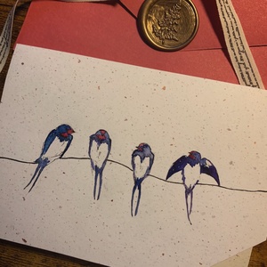 Felicitare ilustrată cu rândunele - felicitare handmade cu păsări ilustrate în acuarelă- felicitare unicat - casă & stil de viață - produse de papetărie - invitații, felicitări - Artynos.ro