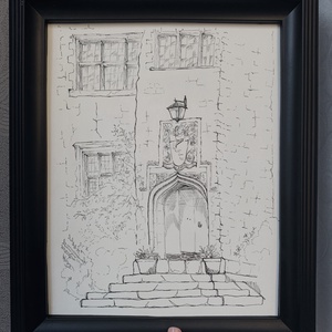 Ilustratie / Schita arhitecturala originala in tus pe hartie - fatada casa englezeasca - Artynos.ro