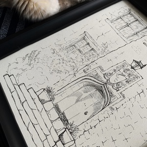 Ilustrație / Schiță arhitecturală originală în tuș pe hârtie - fațadă casă englezească - arte vizuale și accesorii  - grafică, ilustrație - desen cu cerneală - Artynos.ro