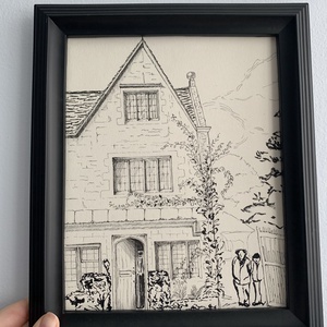 Ilustrație / Schiță arhitecturală originală în tuș pe hârtie - fațadă casă englezească - arte vizuale și accesorii  - grafică, ilustrație - desene arhitecturale - Artynos.ro